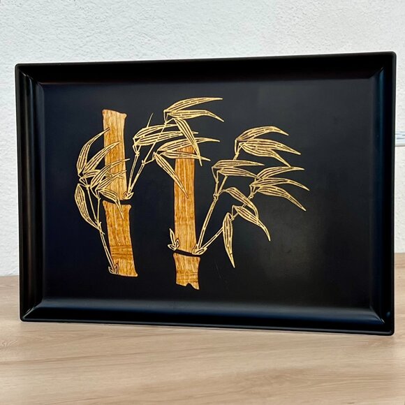 Vintage Couroc Monterey MCM Inlaid Brass Teak Wood Bamboo Rectangle Serving Tray - Picture 16 of 16